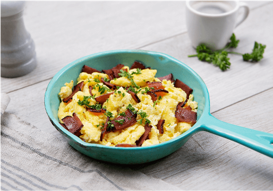 Free-range eggs and turkey bacon scramble