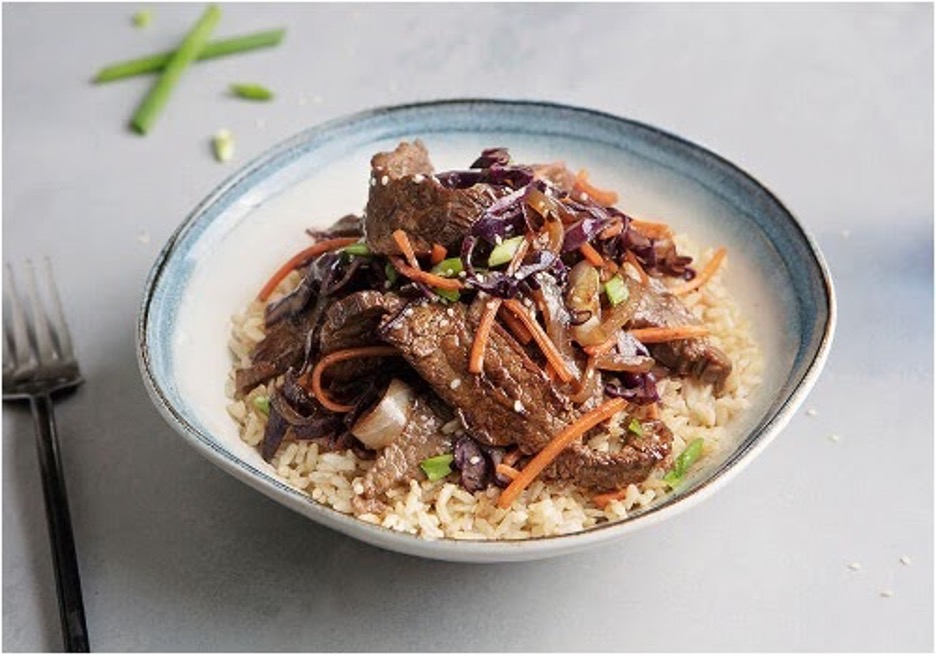 Korean BBQ grass-fed beef and brown rice bowl